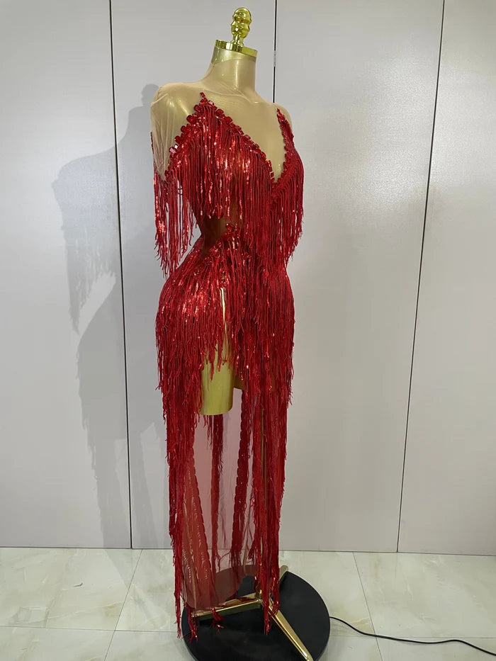 Haelena sexy mesh see-through long dress with sparkly red diamond tassel detailing for evening party styling