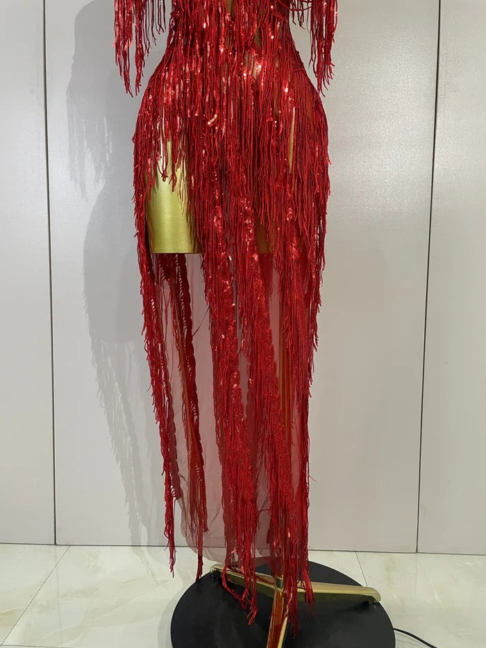 Haelena sexy mesh see-through long dress with sparkly red diamond tassel detailing for evening party styling