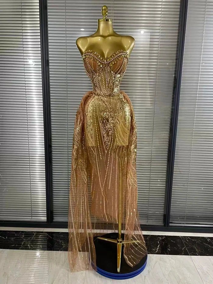 Hailey sexy strapless mesh crystal see through maxi dress