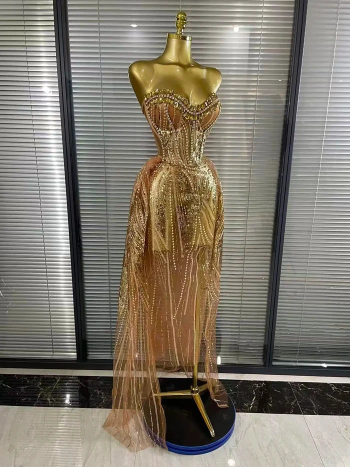 Hailey sexy strapless mesh crystal see through maxi dress