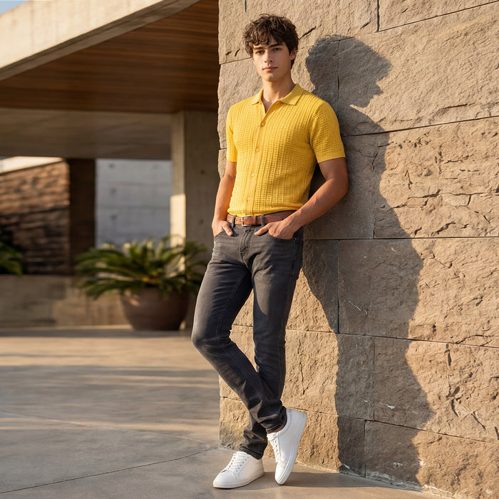 Half Sleeve Slim Fit Mustard Flat knit Shirt