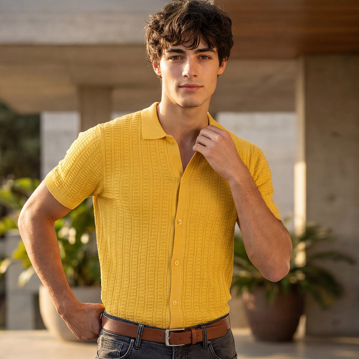 Half Sleeve Slim Fit Mustard Flat knit Shirt