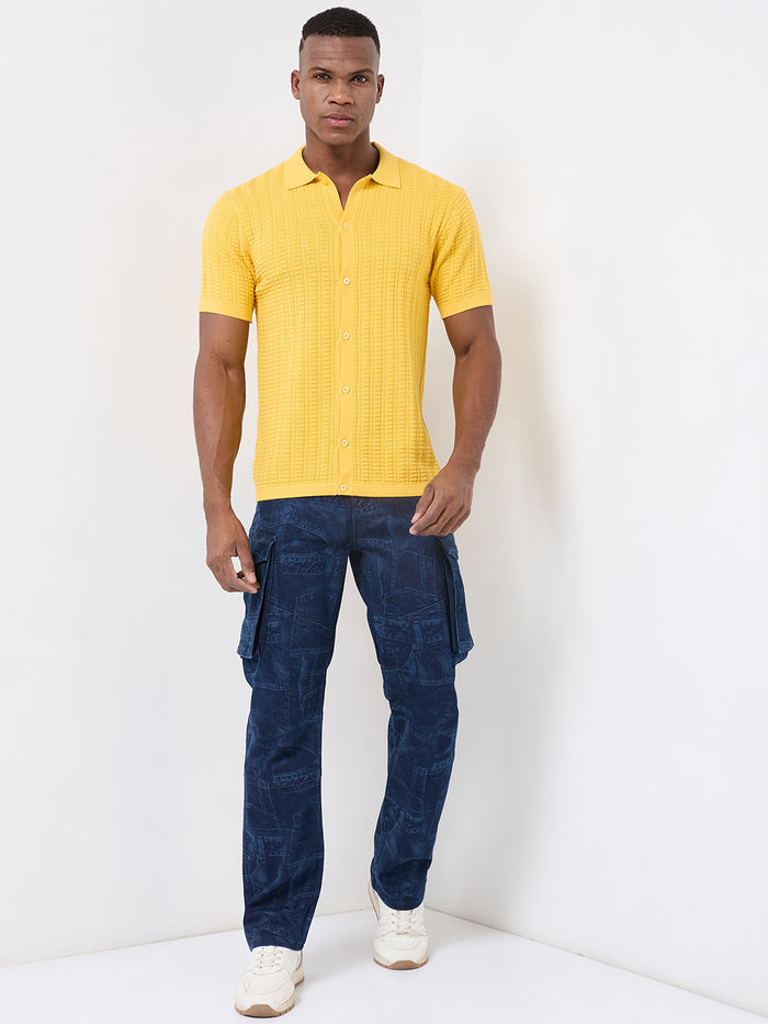 Half Sleeve Slim Fit Mustard Flat knit Shirt