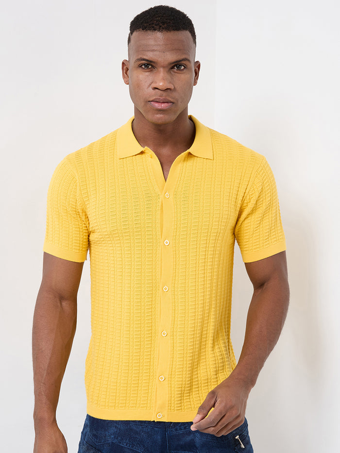 Half Sleeve Slim Fit Mustard Flat knit Shirt