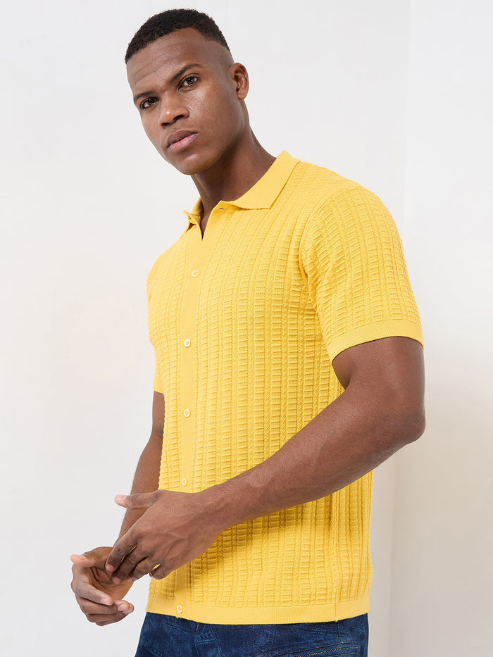 Half Sleeve Slim Fit Mustard Flat knit Shirt