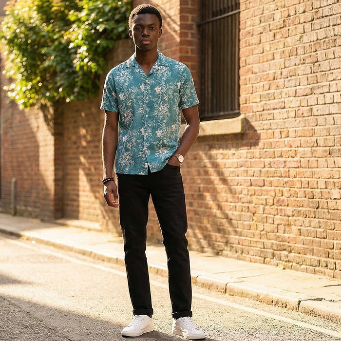 Half Sleeves Regular Fit Deconstructed botanical Cuban Collar Print Shirt