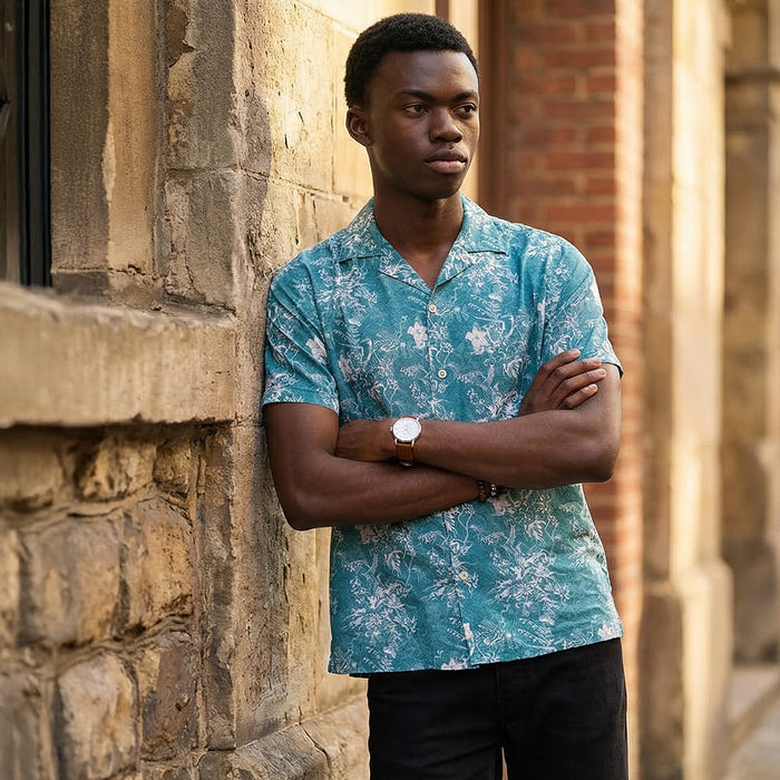 Half Sleeves Regular Fit Deconstructed botanical Cuban Collar Print Shirt