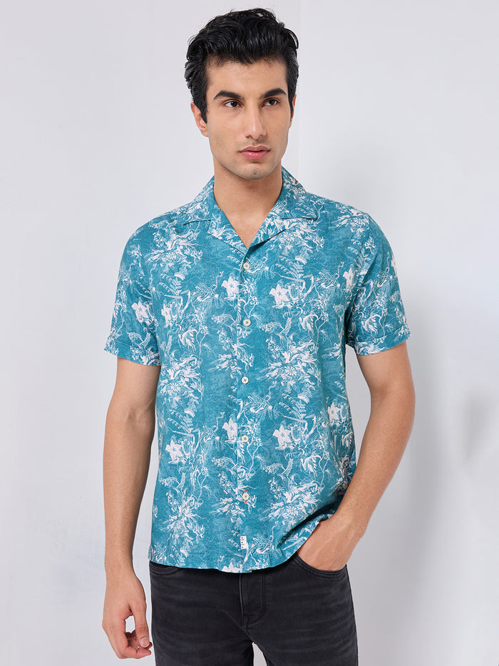 Half Sleeves Regular Fit Deconstructed botanical Cuban Collar Print Shirt