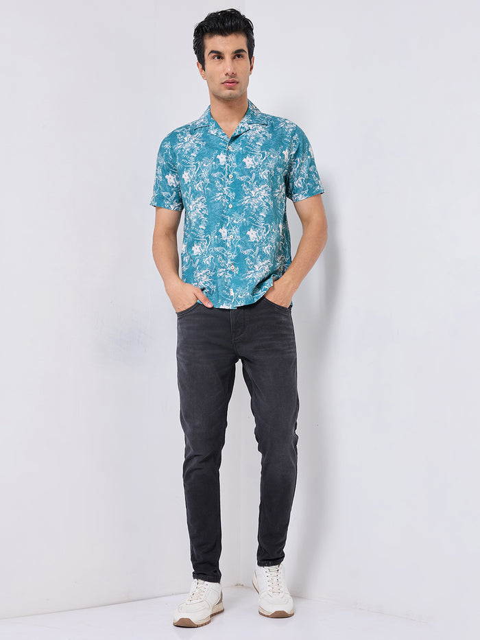 Half Sleeves Regular Fit Deconstructed botanical Cuban Collar Print Shirt