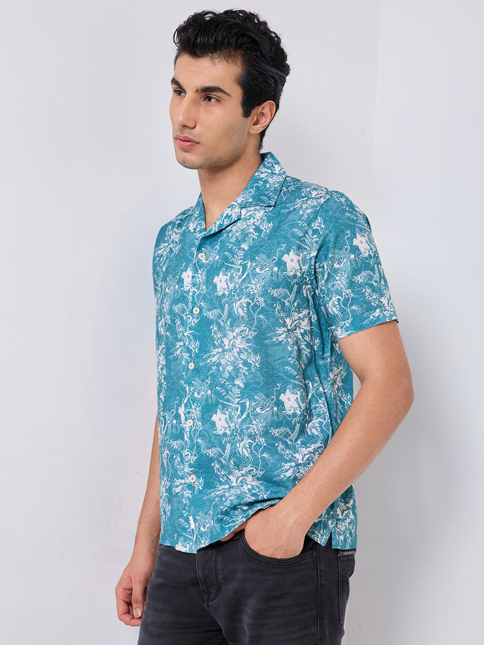 Half Sleeves Regular Fit Deconstructed botanical Cuban Collar Print Shirt