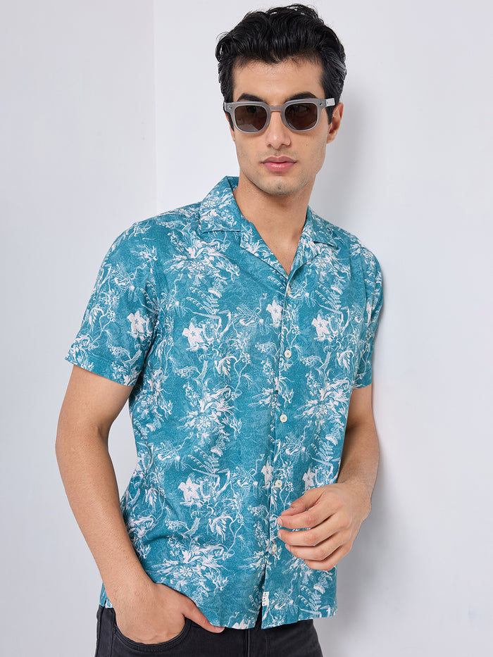 Half Sleeves Regular Fit Deconstructed botanical Cuban Collar Print Shirt