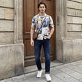 Half Sleeves Regular Fit Grey Bold contemporary abstract collage Cuban Collar Print Shirt