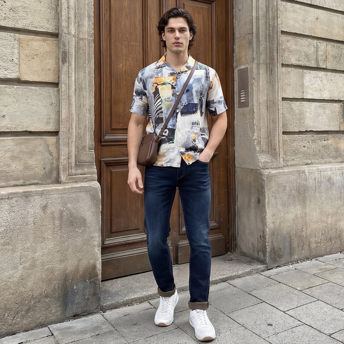 Half Sleeves Regular Fit Grey Bold contemporary abstract collage Cuban Collar Print Shirt