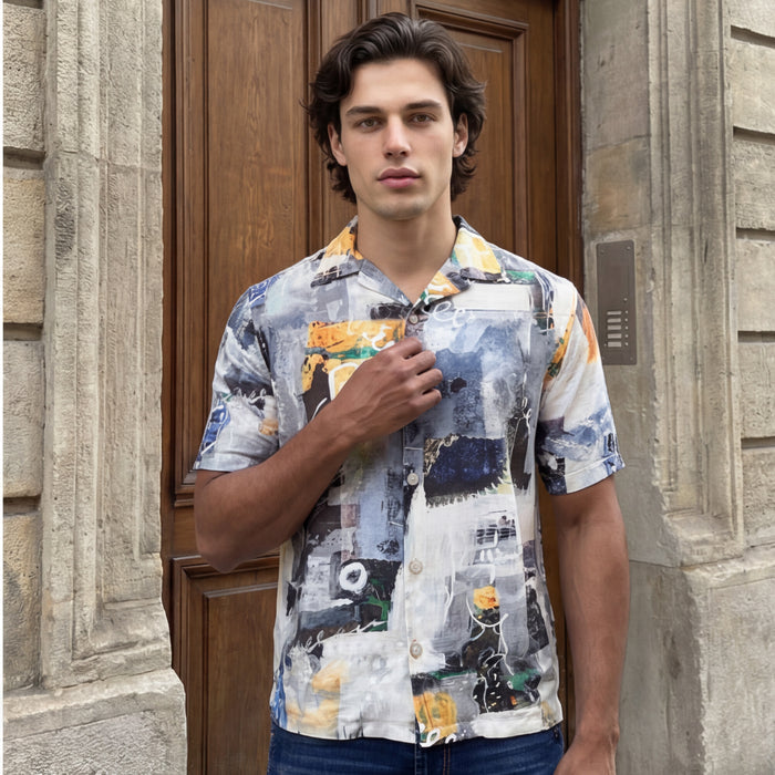 Half Sleeves Regular Fit Grey Bold contemporary abstract collage Cuban Collar Print Shirt