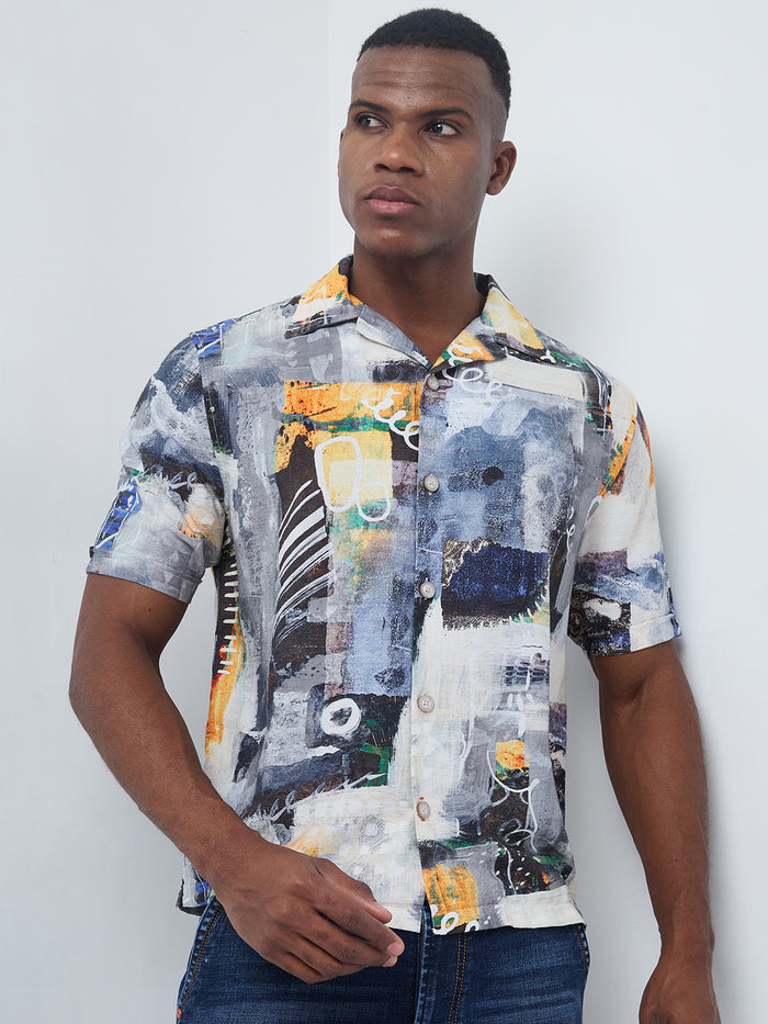 Half Sleeves Regular Fit Grey Bold contemporary abstract collage Cuban Collar Print Shirt