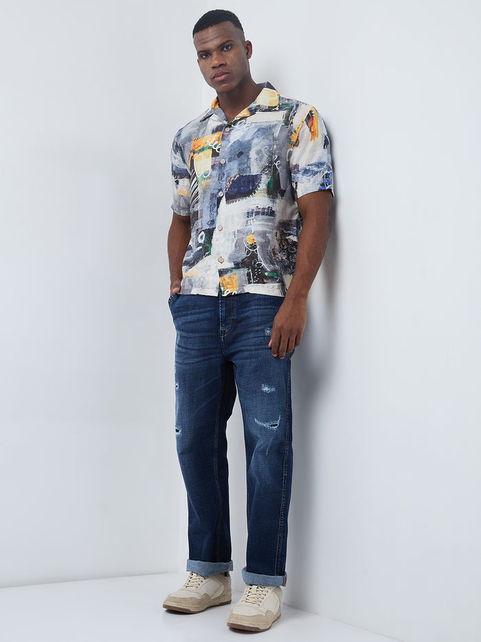 Half Sleeves Regular Fit Grey Bold contemporary abstract collage Cuban Collar Print Shirt
