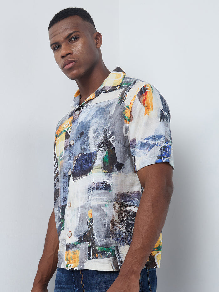 Half Sleeves Regular Fit Grey Bold contemporary abstract collage Cuban Collar Print Shirt