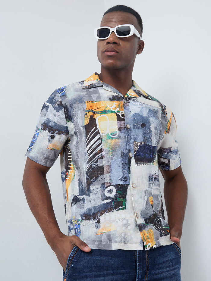 Half Sleeves Regular Fit Grey Bold contemporary abstract collage Cuban Collar Print Shirt