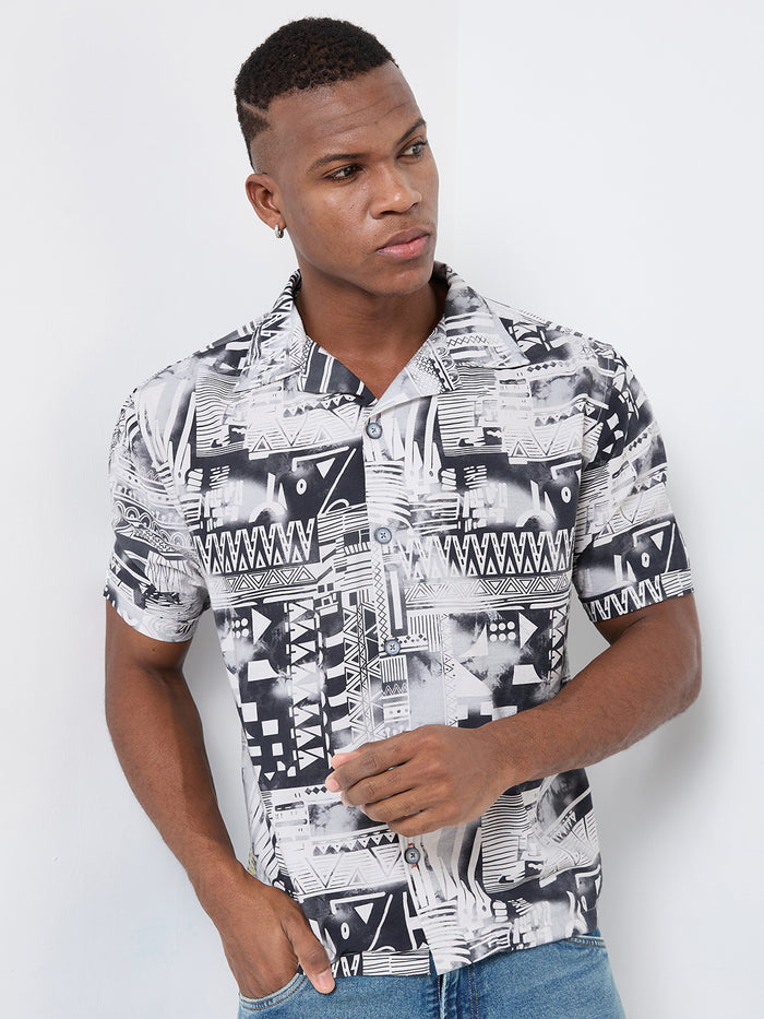 Half Sleeves Regular Fit Grey Monochrome geometric fusion Cuban Collar Print Shirt