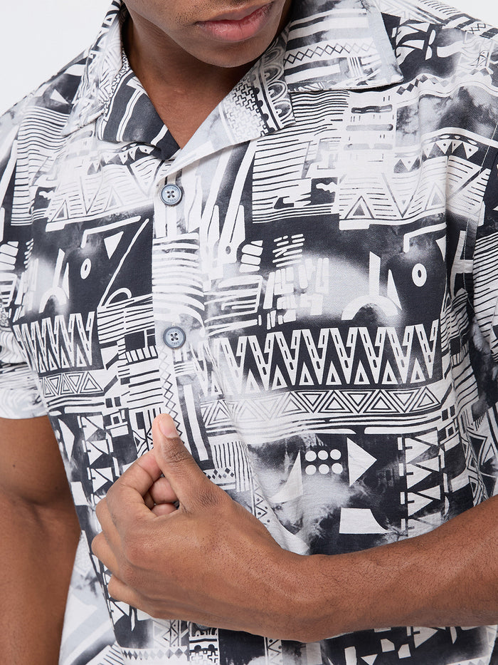 Half Sleeves Regular Fit Grey Monochrome geometric fusion Cuban Collar Print Shirt