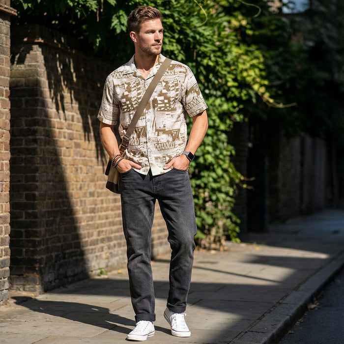 Half Sleeves Regular Fit Olive Geometric fusion Cuban Collar Print Shirt