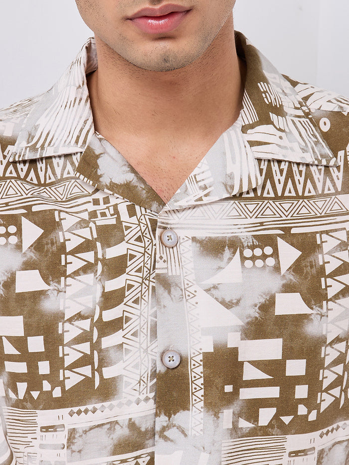 Half Sleeves Regular Fit Olive Geometric fusion Cuban Collar Print Shirt