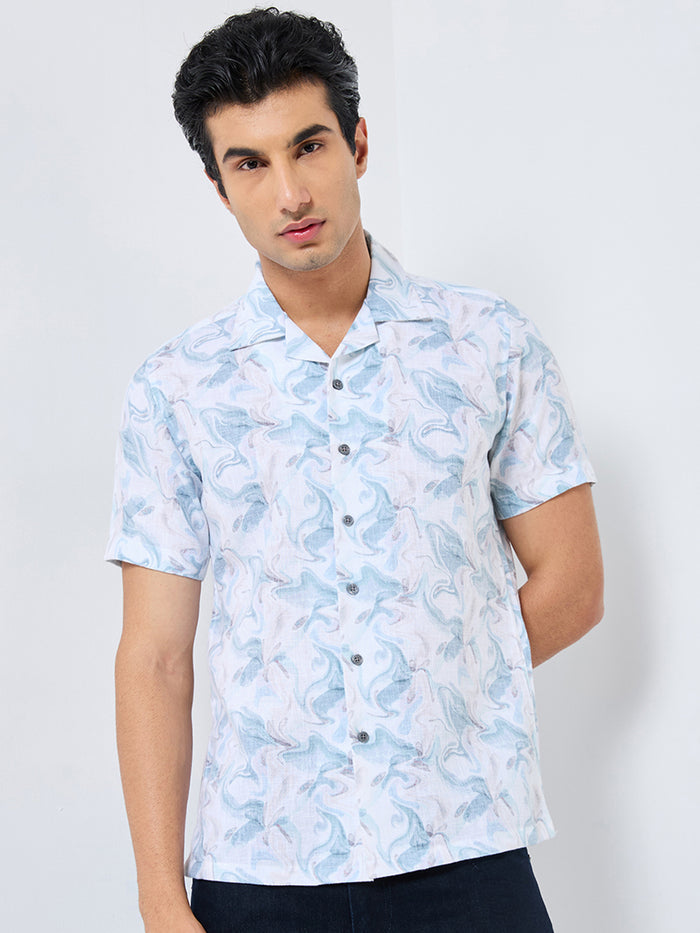 Half Sleeves Regular Fit Sea Green Fluid Marble Cuban Collar Print Shirt