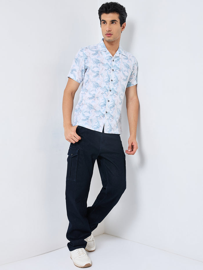 Half Sleeves Regular Fit Sea Green Fluid Marble Cuban Collar Print Shirt