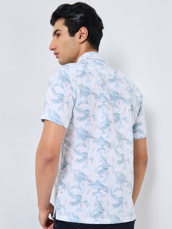 Half Sleeves Regular Fit Sea Green Fluid Marble Cuban Collar Print Shirt