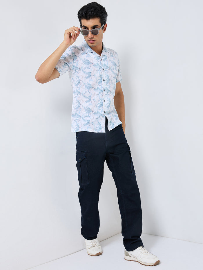 Half Sleeves Regular Fit Sea Green Fluid Marble Cuban Collar Print Shirt