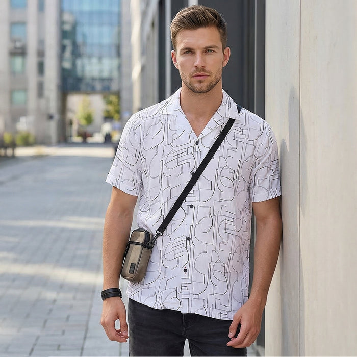 Half Sleeves Regular Fit White Abstract line-art pattern High-Twisted Cuban Collar Print Shirt