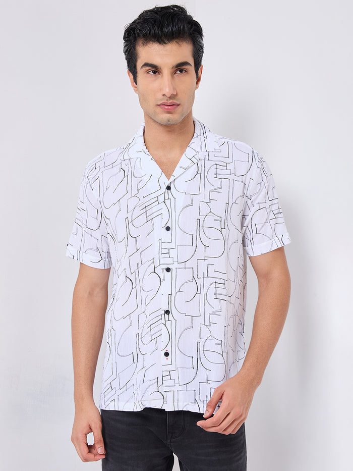 Half Sleeves Regular Fit White Abstract line-art pattern High-Twisted Cuban Collar Print Shirt