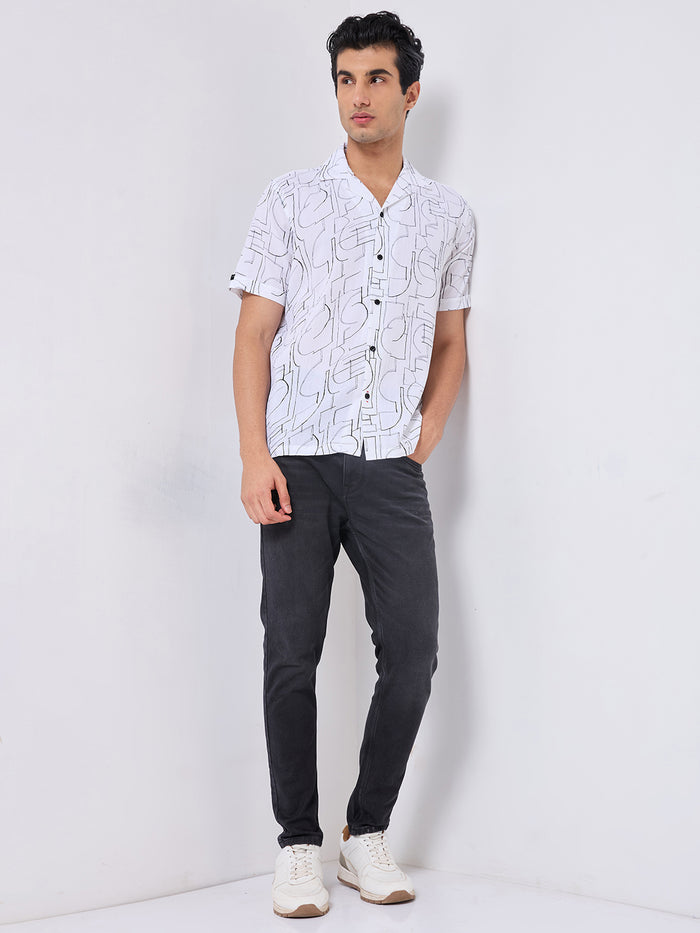Half Sleeves Regular Fit White Abstract line-art pattern High-Twisted Cuban Collar Print Shirt