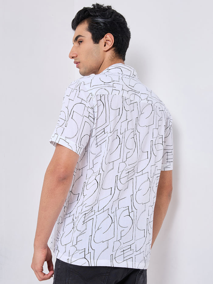 Half Sleeves Regular Fit White Abstract line-art pattern High-Twisted Cuban Collar Print Shirt