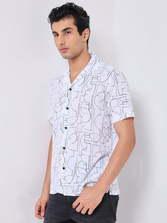 Half Sleeves Regular Fit White Abstract line-art pattern High-Twisted Cuban Collar Print Shirt