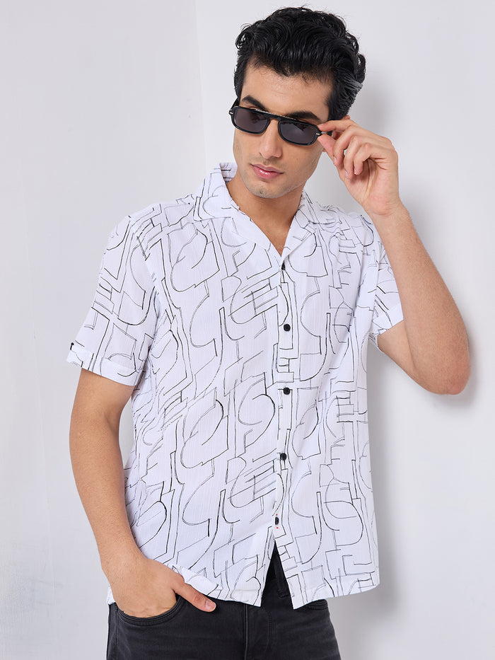 Half Sleeves Regular Fit White Abstract line-art pattern High-Twisted Cuban Collar Print Shirt