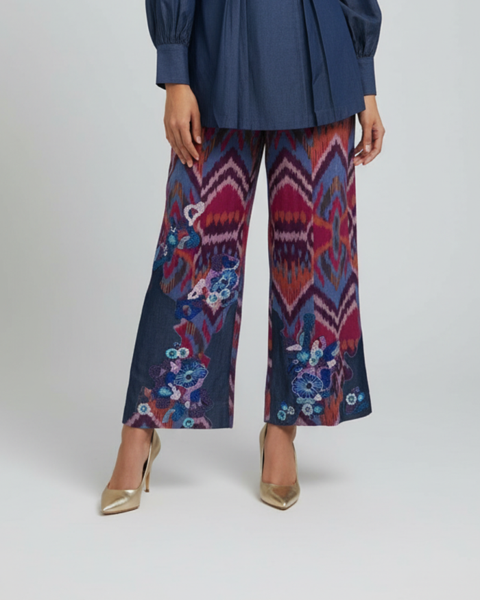Hand-loom ikkat hand embroidered pants