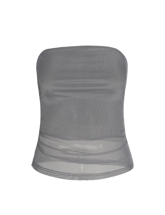 The HARRIETT TUBE TOP - GREY from TIGERMIST is showcased against a plain white background. This strapless top features a simple design that highlights its lightweight, sheer fabric.