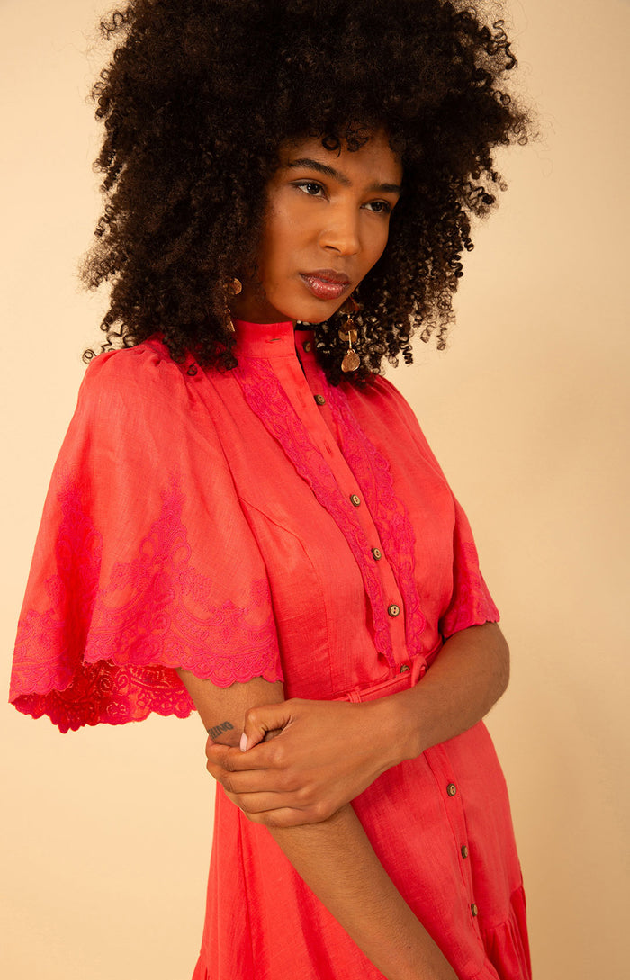 Haven Embroidered Linen Dress, color_coral
