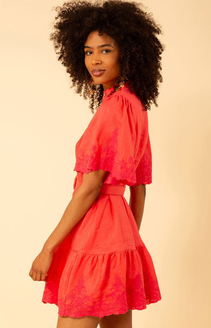 Haven Embroidered Linen Dress, color_coral