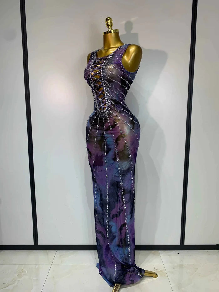 Heidi Rhinestone Sparkly Cut-Out Mesh Bodycon Maxi Dress