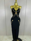 Helaena Black Chain Spaghetti Strap V-Neck Split Bandage Dress