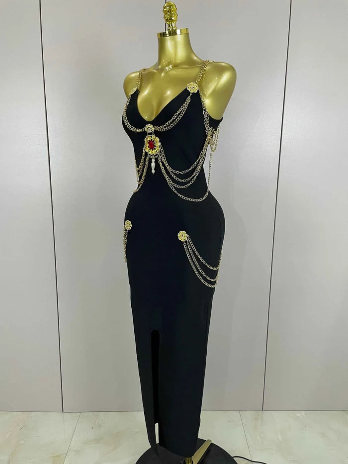 Helaena Black Chain Spaghetti Strap V-Neck Split Bandage Dress