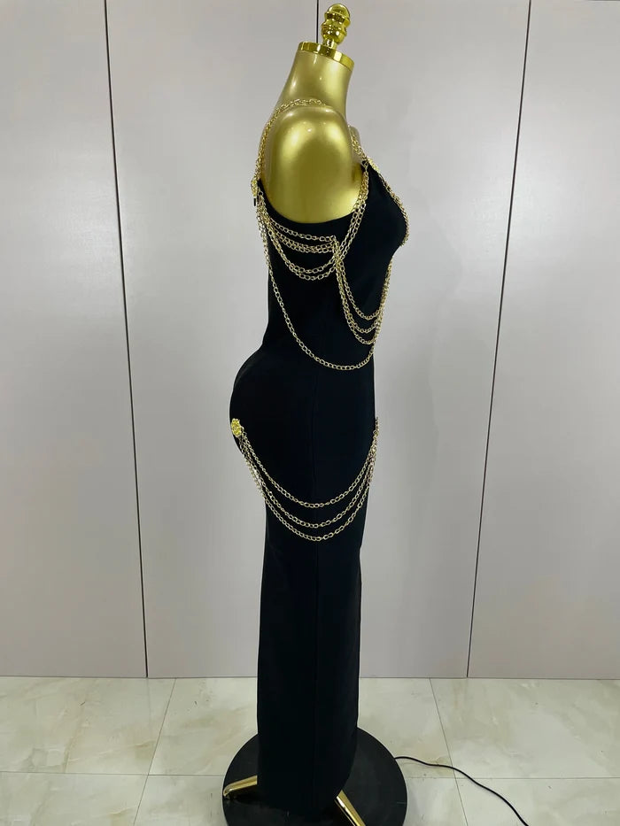 Helaena black chain spaghetti strap V-neck split bandage dress for date night and cocktail party styling