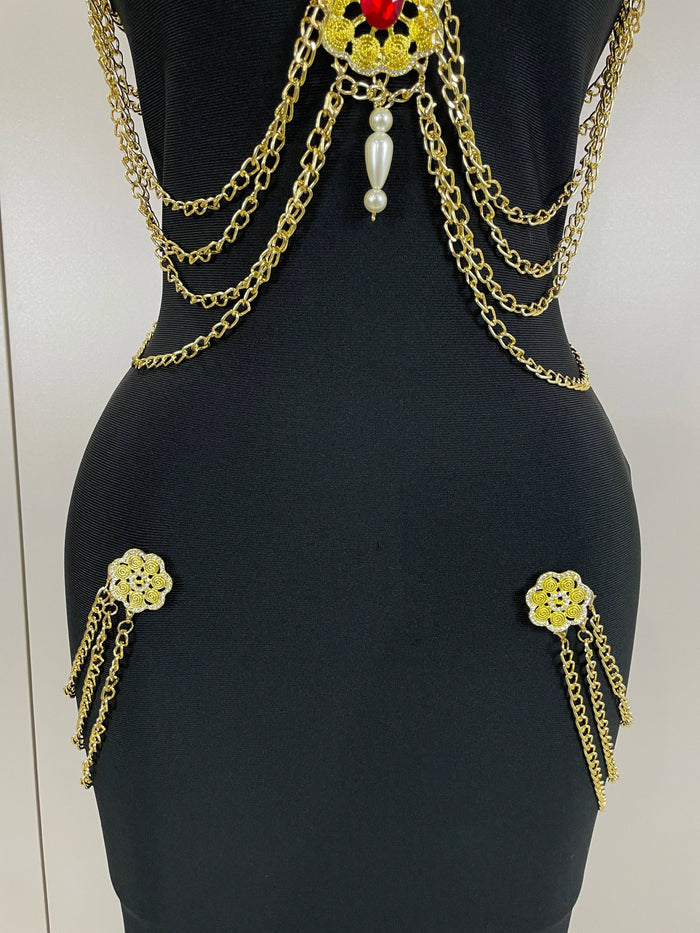 Helaena black chain spaghetti strap V-neck split bandage dress for date night and cocktail party styling