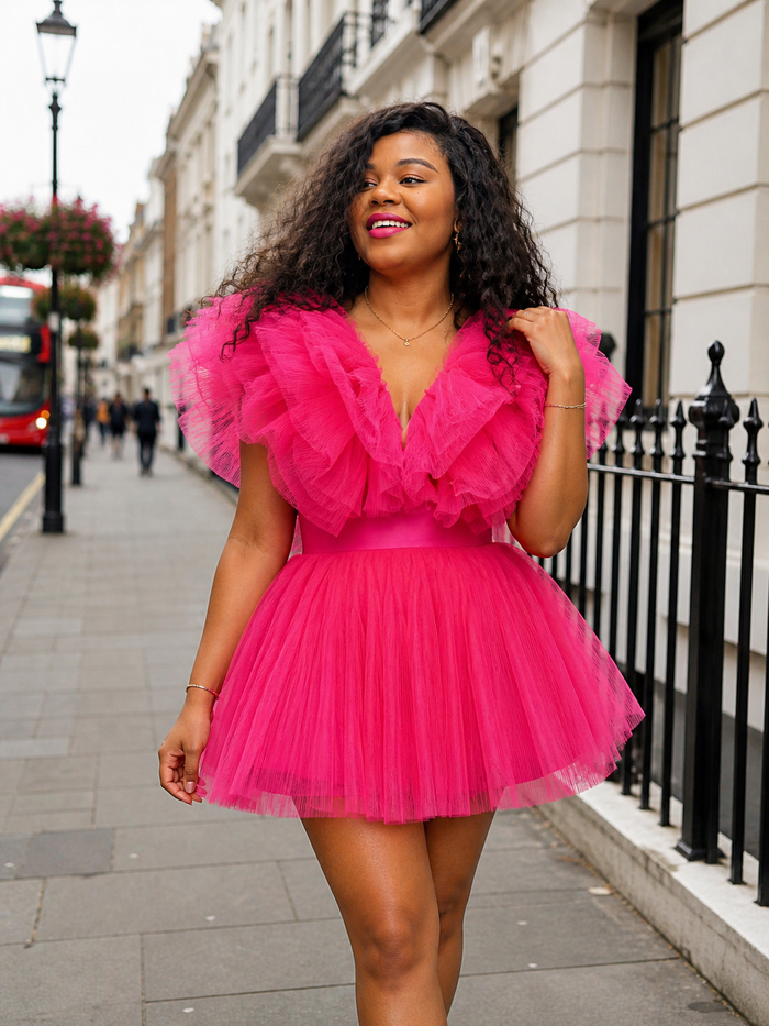 Woman wearing a bright pink tulle dress on a city street.