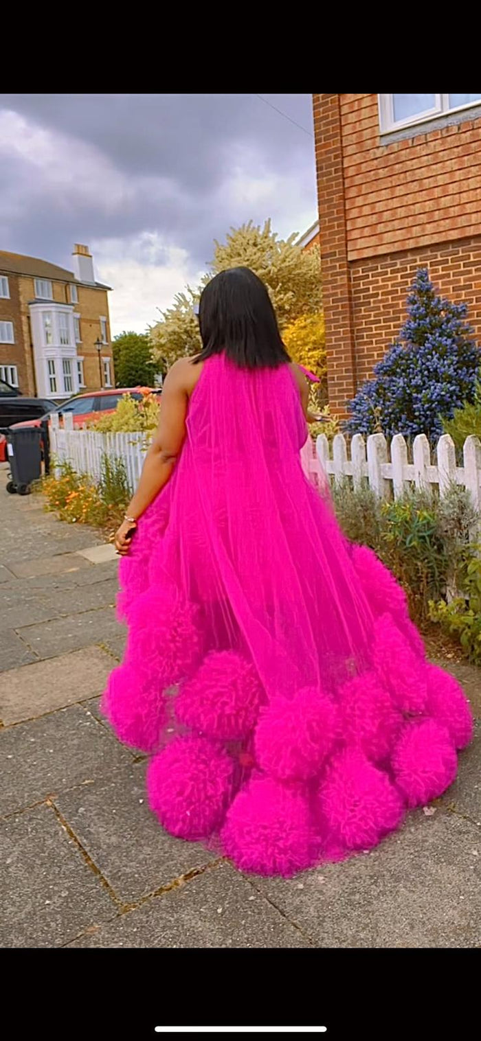 Hot Pink Tulle High-Low Pom-Pom Statement Dress