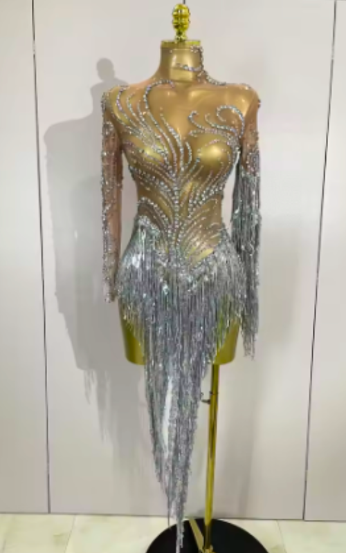 Front view of Imani Sparkle Tassel Rhinestone Dress