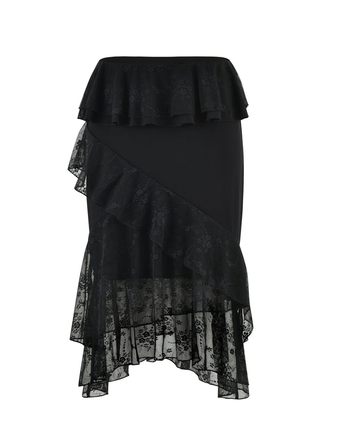 A black, cascading ruffle midi skirt by TIGERMIST. The INAYAH SKIRT features a sheer lace outer layer with a floral pattern, creating an elegant, asymmetrical hemline and includes a peplum ruffle on the bodice for added volume and movement.
