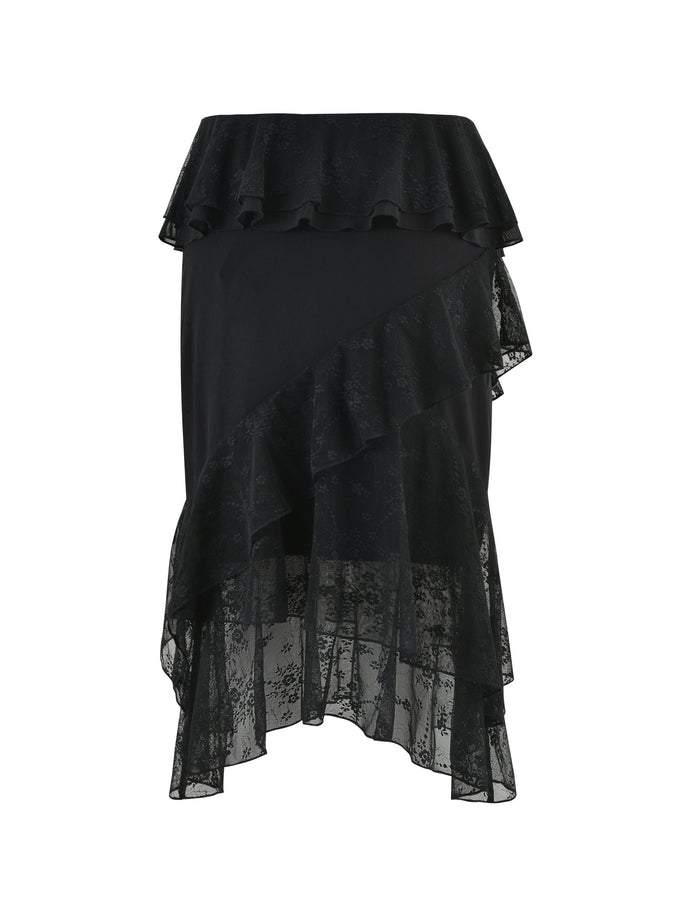 The INAYAH SKIRT - BLACK from TIGERMIST showcases a layered, asymmetrical hem and intricate lace detailing. The fabric is draped in cascading ruffles, adding a touch of elegance and sophistication to the garment. This skirt appears to be made of a lightweight, semi-sheer material.